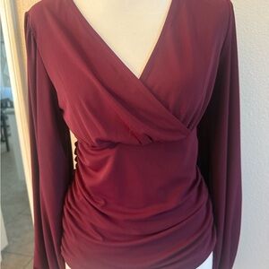 Express Burgundy Long Sleeve Wrap Blouse